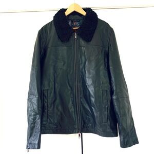 Ted Baker Leather Jacket Sherpa Collar Trim Moto Zip Up Coat Black Size 5 / XL